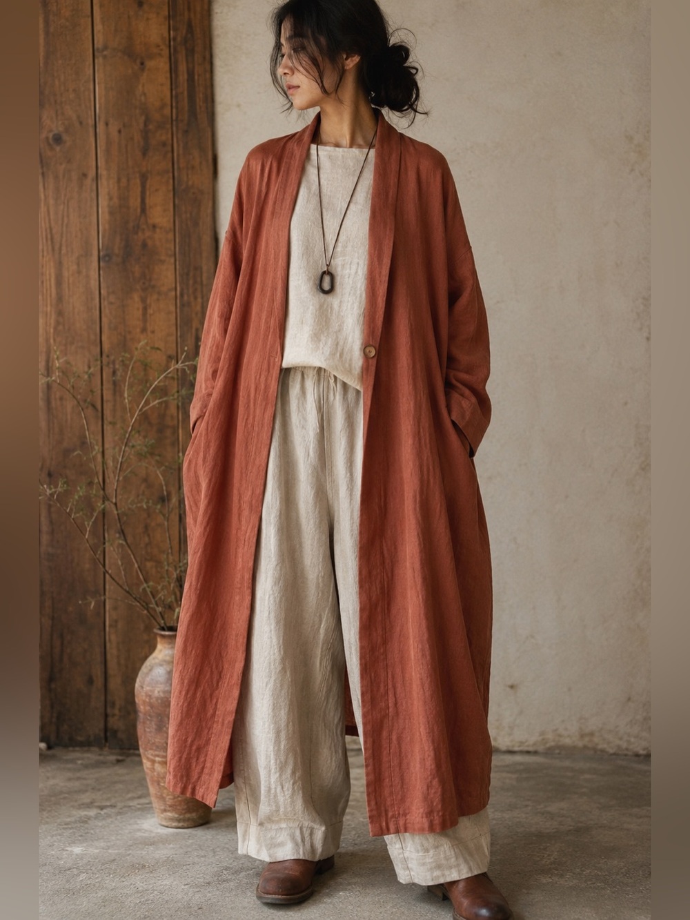 Japanese Lagenlook Cinnamon Linen Blend Cocoon Duster Robe Jacket XL
